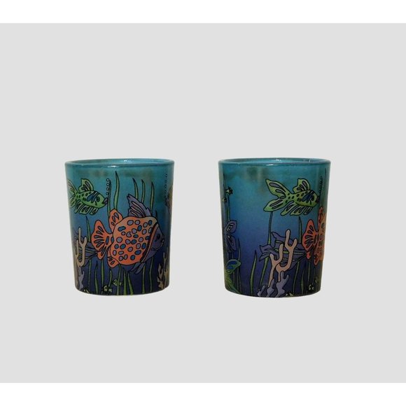 Party Lite Candle Votive Cups Fish Tales Set of 2 Boxed Multicolor 2.75 In. Tall - Picture 6 of 12